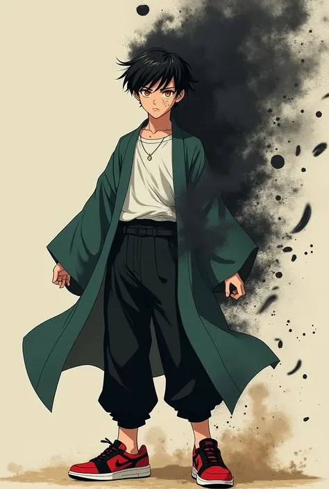 Create an illustration of an 18-19 year old boy, with short black hair and orange eyes, giant scar on the left side of the face, skin fair, wearing an open green haori, white undershirt, black pants and a pair of red and black sneakers, transforming his ri...