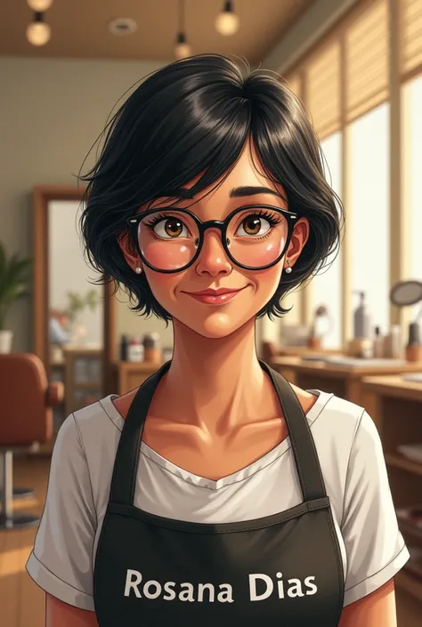  Drawing of an elderly brown-skinned mother with short, straight black hair.

Glasses

In the beauty salon

Wearing an apron with the name Rosana Dias 