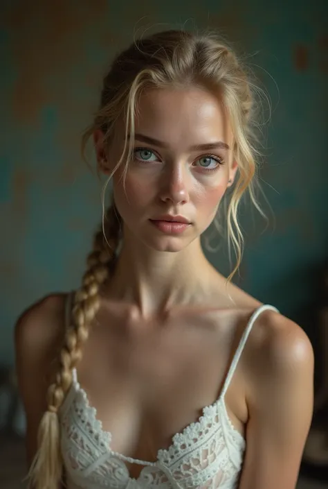 An 18-year-old girl with very thin long blonde braids is doing ballet naked, unclothed,flat chest,small breasts,makeup smeared,makeup run,perfect lips, suspenders, parts,large eyes,blue eyes,perspiration, sweating profusely,Wet,Very detailed, Best Quality,...