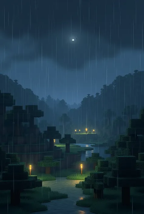 A gif of a Minecraft landscape raining at night 