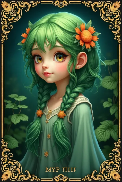 (masterpiece, top quality, Best Quality, official art, beautiful and aesthetic:1.2), (1 girl:1.3), (fractal art:1.3), card, Tarot, green fur, twin braids, hair flower, (good lighting:1.1), ((High resolution)), Tarot card style