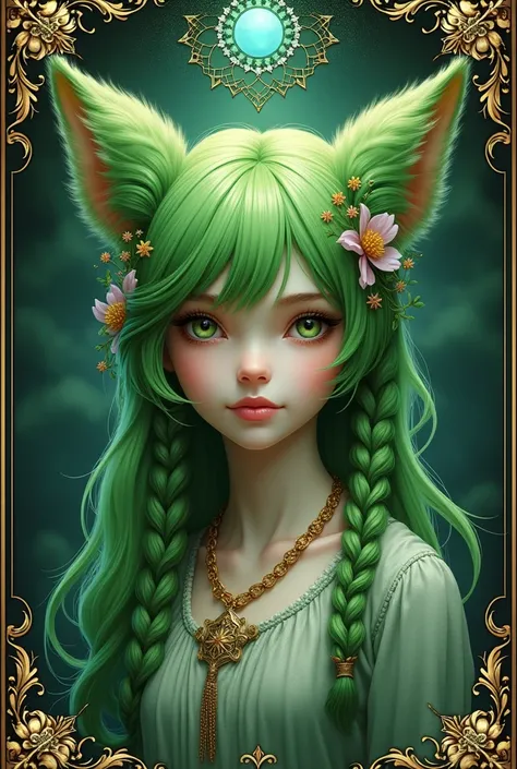 (masterpiece, top quality, Best Quality, official art, beautiful and aesthetic:1.2), (1 girl:1.3), (fractal art:1.3), card, Tarot, green fur, twin braids, hair flower, (good lighting:1.1), ((High resolution)), Tarot card style