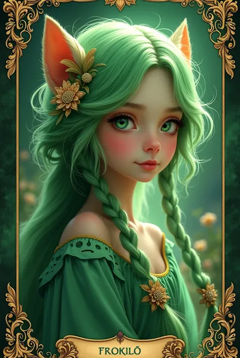 (masterpiece, top quality, Best Quality, official art, beautiful and aesthetic:1.2), (1 girl:1.3), (fractal art:1.3), card, Tarot, green fur, twin braids, hair flower, (good lighting:1.1), ((High resolution)), Tarot card style