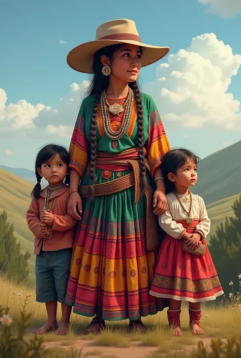 A cholita with her children looking forward with the background of peace