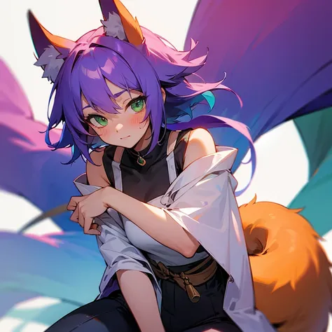 Cute, shy, woman, blushing, casual clothes, green eyes, short purple hair, fox ears and tail