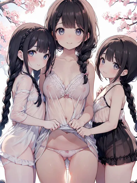 Very detailed, Highest quality, High resolution, Moe Anime, ((Three little girls in their underwear:1.3)), (Black Hair:1.4), (Baby Face), ((round face:1.4)),Cute eyes, Detailed eye depiction, Eyes sparkling, Dark eye color, View your audience, Pale skin, (...