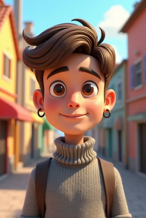 A young man , with short brown hair, small hoop earrings, square face, and brown eyes, wearing a gray turtleneck. 3d cartoon.