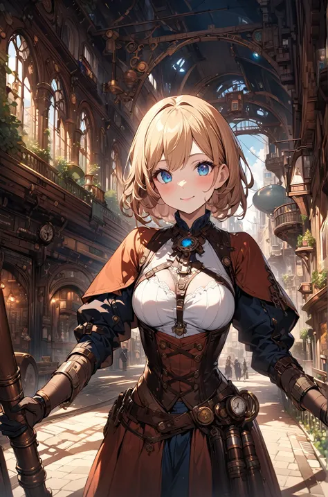 Create an illustration depicting a  overlooking a steampunk cityscape. The girl has dark skin, short blonde hair and shiny blue eyes. The girl should be standing in a vantage point, Rooftops, bridges, etc., Look down on the intricately designed steampunk c...