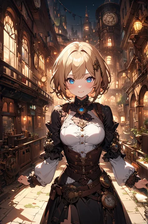 Create an illustration depicting a  overlooking a steampunk cityscape. The girl has dark skin, short blonde hair and shiny blue eyes. The girl should be standing in a vantage point, Rooftops, bridges, etc., Look down on the intricately designed steampunk c...