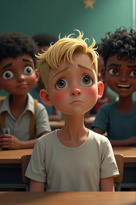 A white boy with blonde hair combed back, sitting sadly in the classroom while in the background there are some black boys with short, messy, curly black hair, A brown-skinned boy with short, messy black hair laughing