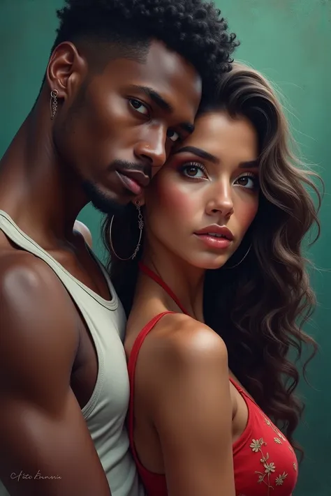 A young afroamerican man, a beautiful Latin woman with dark skin and chocolate color eyes looking at viewer, emerald green color, seductive, balanced, perfect beauty, (best quality,4k,8k,highres,masterpiece:1.2),ultra-detailed,(realistic,photorealistic,pho...