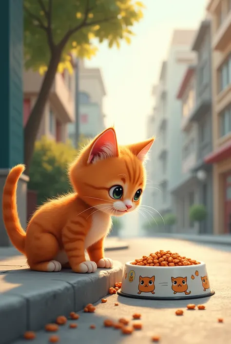 Ek ginger kitten jo sadak kinare h cat food jo cat food bowl jisme cat cartoon bne h ko dekh rhi h