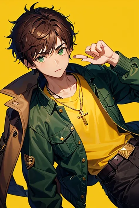 16 year old black boy, reddish brown hair short messy side cut, green eyes, green jacket, yellow shirt, blue jeans, slim build, black belt, necklace with a gold cross, looking directly at viewer, white background.