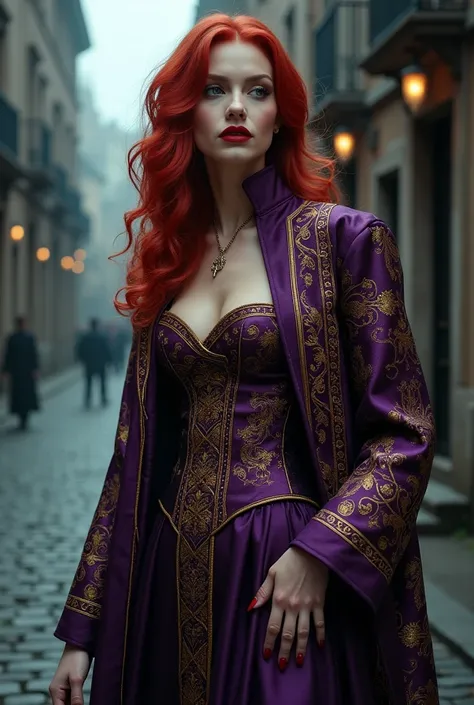 An attractive vampire with fiery red hair cascading in waves down to their shoulders, where it contrasts dramatically with their richly embroidered robes that shimmer in the moonlight. The robes are a dark, regal purple with intricate gold threads weaving ...