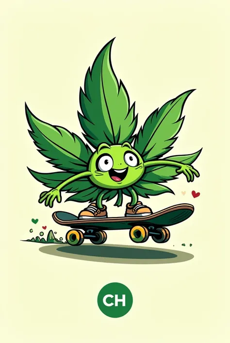 Can you create a logo of a cool marijuana weed on a skateboard with the letters CH in a cartoon style 