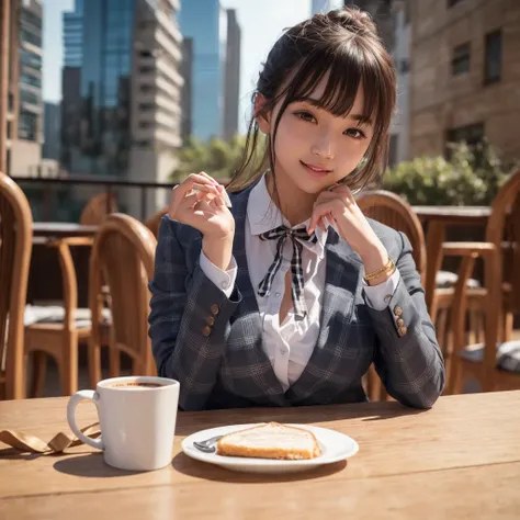 8k、RAW Photos、Highest quality、Super detailed、Super Resolution、Ultra HD、8k wallpaper、Amazing details
ブレザーの制服の ((White blouse with formal collar, Blue Blazer, 
Red Check Skirt, Red checkered ribbon on blouse)), Complete limbs, Full Finger, 
((((((Starbucks o...