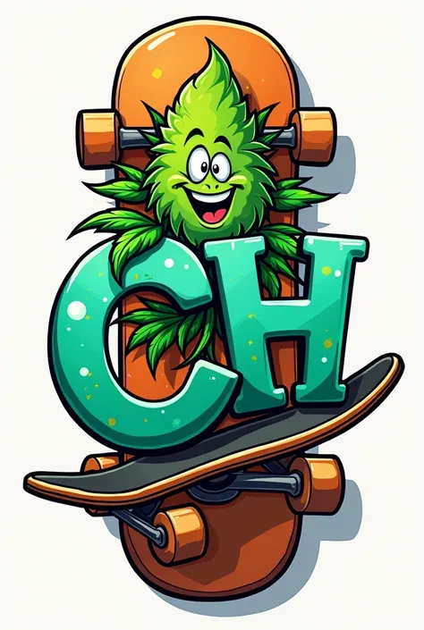 Can you create a cool marijuana plant logo on a skateboard with the letters CH in a cartoon style? 