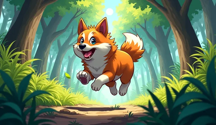 anime style image of a dog running in the forest

