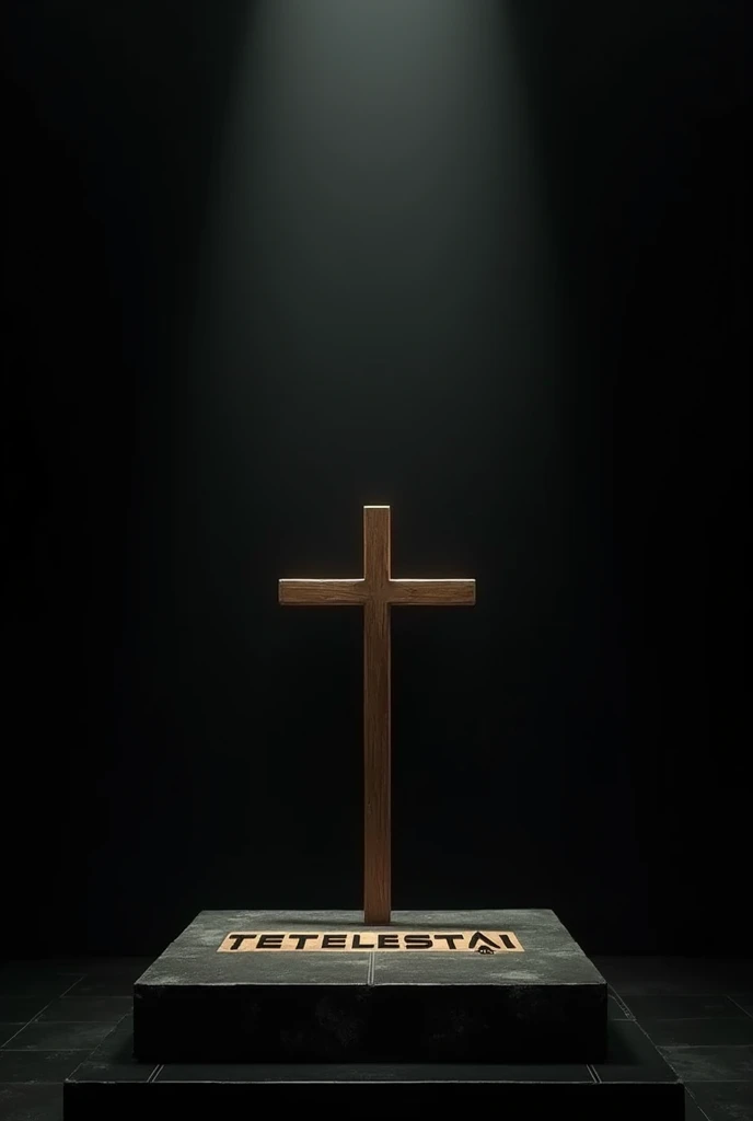 Cross on the altar with a black background with the name TETELESTAI 