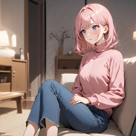 Woman sitting in the living room, wearing blue pants and a pink turtleneck sweater