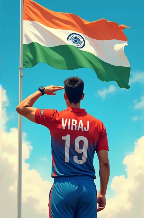 An indian with a jersey labelled VIRAJ on back side is saluting high flying indian flag