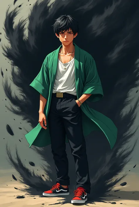 Create an illustration of an 18-19 year old boy,short black hair with orange eyes, giant burn scar on the left side of the face, skin fair, wearing an open green haori, white undershirt, black pants and a pair of red and black sneakers, transforming his ri...