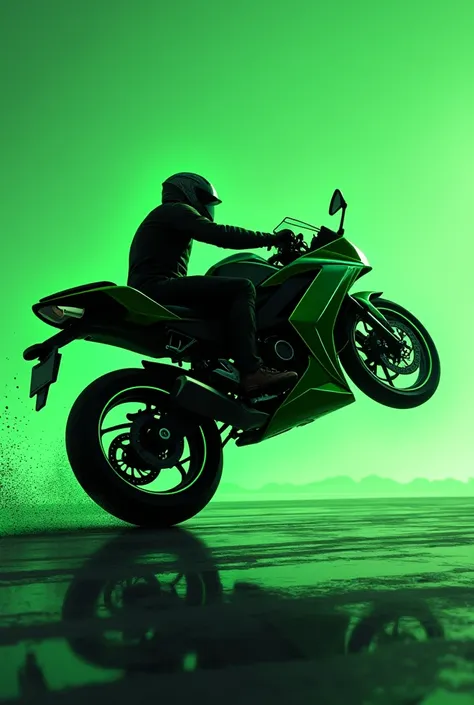  The black silhouette of the green lightning bolt in the shape of a Kawasaki Ninja 300 motorcycle with a displacement of, falling on the track, The bike is in profile and under the surface it says "Green ray", Its a cartoon and eye-catching 