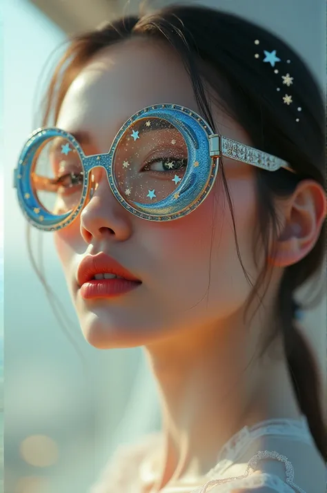 The model is wearing glass sunglasses with stars and the moon on the glass porn