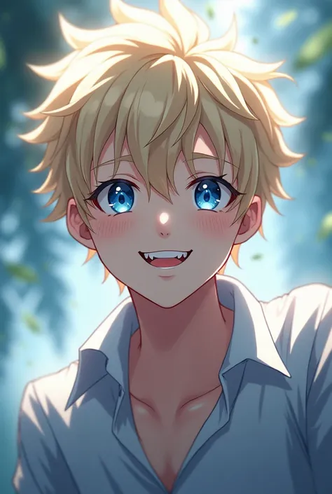 A man with very light blond hair, blue eyes, pale skin, kind, smiling with notable fangs, anime style