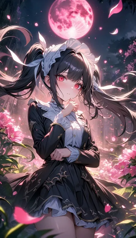 Ultra detailed, highres, absurdres, HDR, master piece, Celestia Luderbeng, black hair tied into two twin-drill pigtails, white bonnet, expressive red eyes, black jacket, white shirt, black skirt, Danganronpa, pink flowers, petals, fireflies, pink moon, wom...