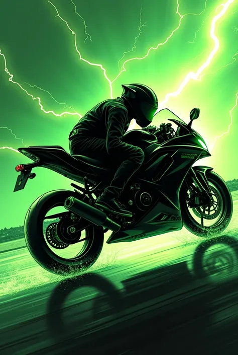  The black silhouette of the green lightning bolt in the shape of a Kawasaki Ninja 300 motorcycle with a displacement of, falling on the track, The bike is in profile and under the surface it says "Green ray", It is an epic and striking drawing style desig...