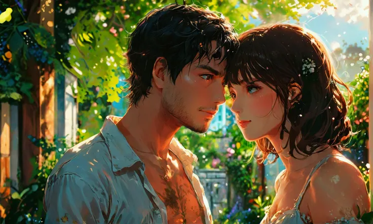 A HUSBAND AND WIFE COUPLE IN FRONT OF A BEAUTIFUL HOUSE WITH GARDEN, manga style, manga style art, manga style art, manga style art, manga style