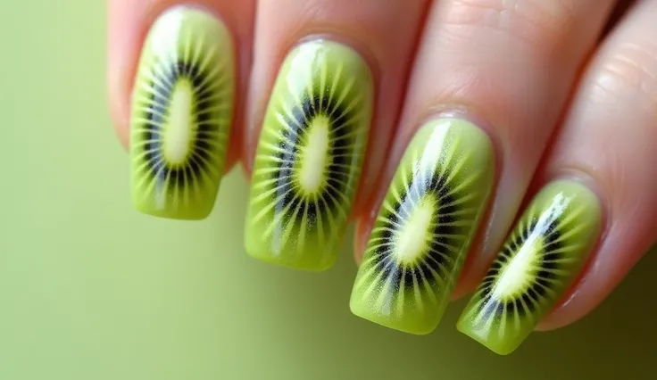 Kiwi Splash Nail Art: Each nail is designed to resemble a juicy kiwi slice. The center of the nail features a realistic kiwi fruit core with its characteristic black seeds radiating outward. The background is a gradient of soft, pale green that fades into ...