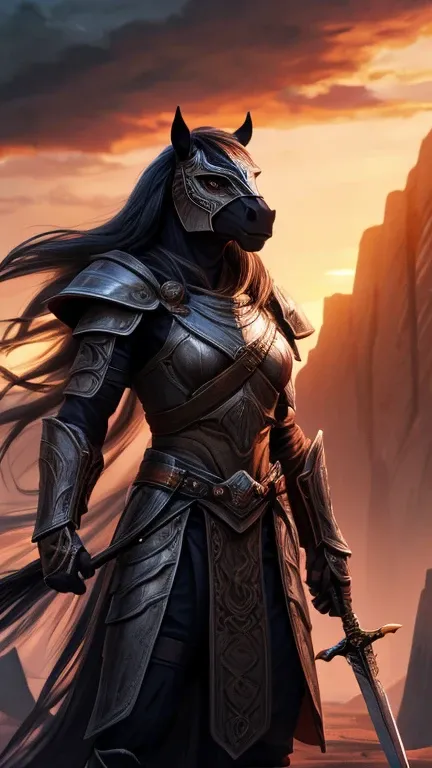 a warrior girl with a muscular body, detailed face features, long flowing hair, wearing minimal but intricate armor, standing on a desolate island with a dark cloudy sky, masked knight villain in the background wielding a sword, kind knight in shining armo...