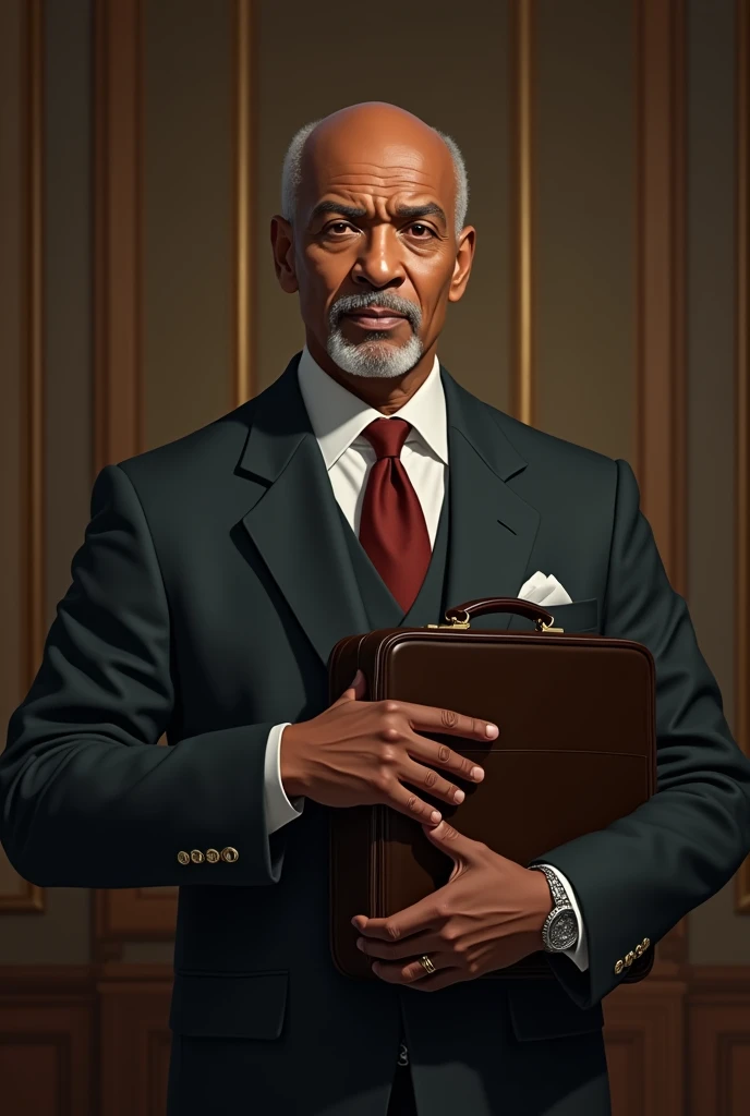 Drawing Bald black elderly man Brown eyes Wearing formal clothes in the Agostinho Carara style Formal briefcase Round face Smooth face without beard 
