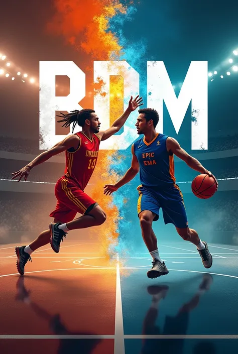 A background, instigating a partnership between basketball and football, with the white letters "BDM" on the