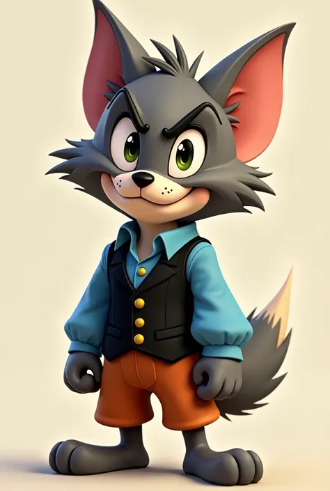 McWolf From Tom And Jerry Kids Wearing A Black Vest Blue Long Sleeved Shirt Orange-Brown Pants