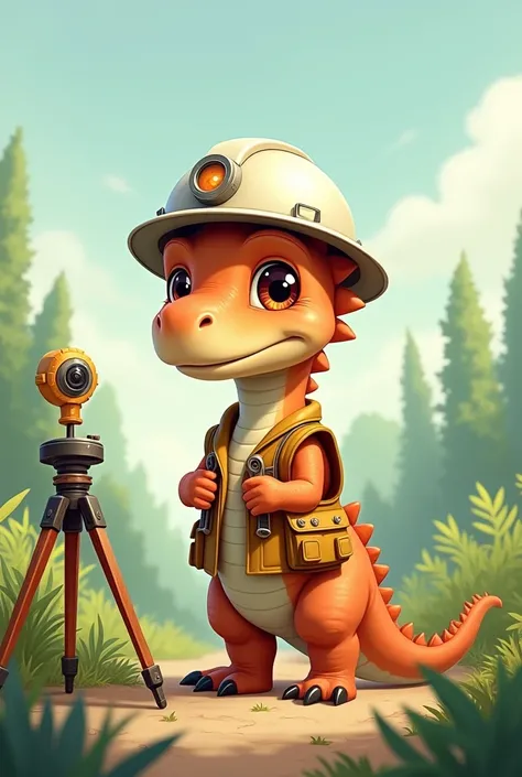 Cute baby dinosaur drawing, a surveyor, with a surveying station and a surveyors vest with a white helmet 