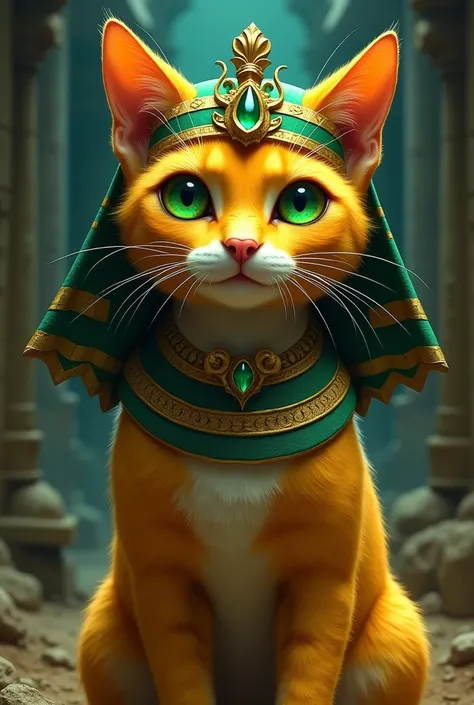 Yellow cat with a green Egyptian hat
