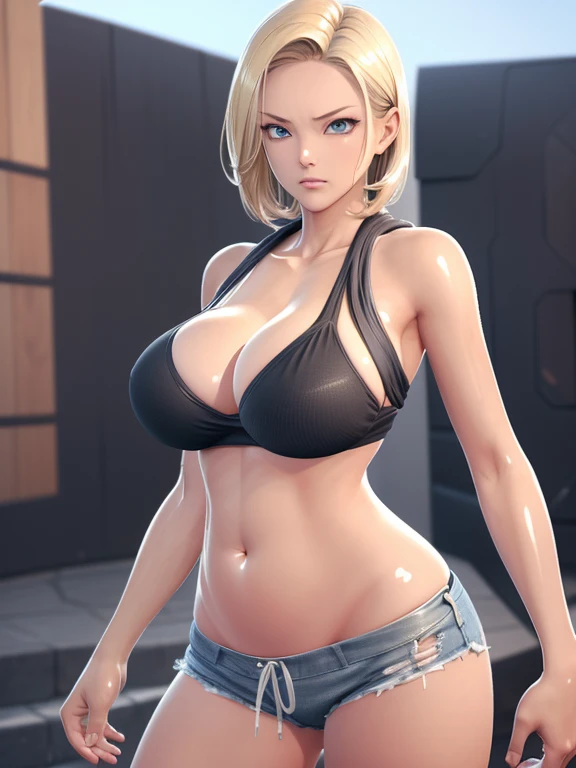 （（（slim body type，figure，solo， , pregnant, （（（meesh，hoodie，hood, shorts, navel,hood down,））），（（（and18, android 18, blonde hair, Blue eyes, short hair, ））），((masterpiece)),high resolution, ((Best quality at best))，masterpiece，quality，Best quality，（（（ Exquis...