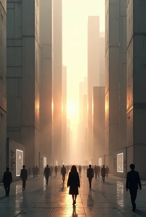 A futuristic city with raw architecture. People are walking in the streets, all dressed in black. The sun gently illuminates the city