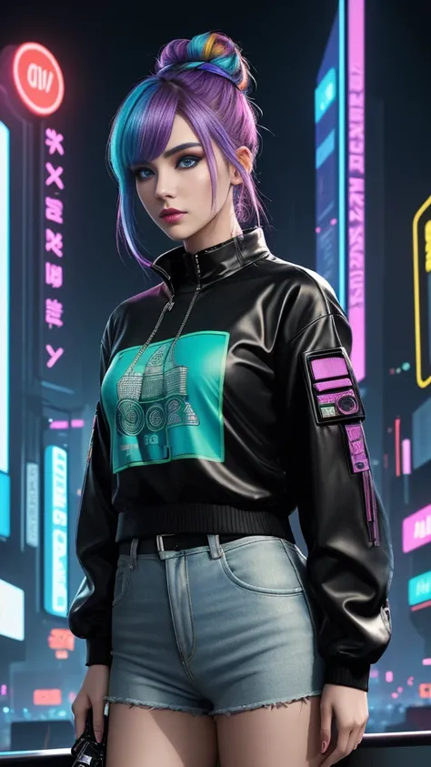 Masterpiece, best quality, Cyberpunk Girl, Trendy multi-colored hair bun, Code shirt inspired by blade runner 2049., Outstanding colors and patterns, Eye-catching accessories, Trendy and innovative, fresh makeup, Stunning city views, skyscraper, Neon Signs...