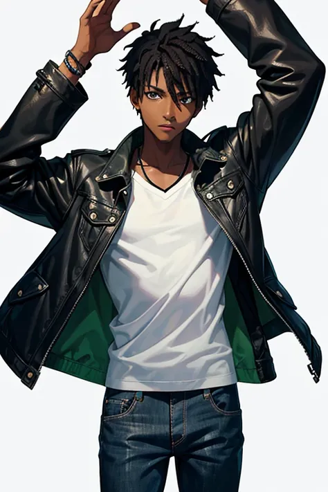 Black boy, about , African American, slim build, rocker clothing, green jacket, jeans, black hair, black eyes, black skin, looking directly at the viewer, white background.