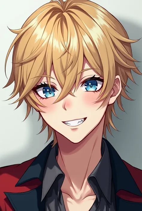 A man with very light blond hair, blue eyes, pale skin, kind, smiling with notable fangs, anime style