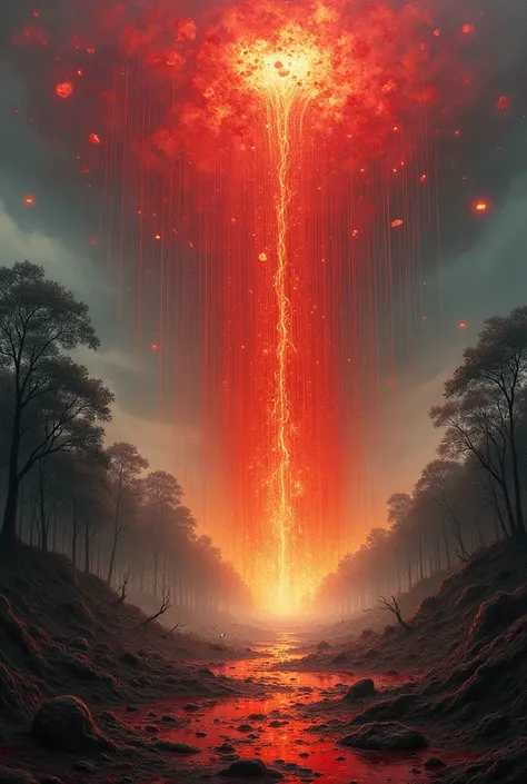 a rain of fire and hail mixed with blood falling and destroying the trees