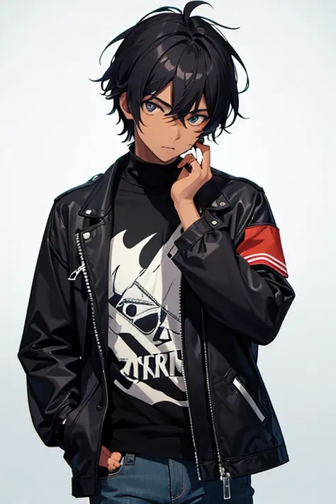 Black boy, about , African American, slim build, rocker clothing, green jacket, jeans, black hair, black eyes, black skin, looking directly at the viewer, white background.