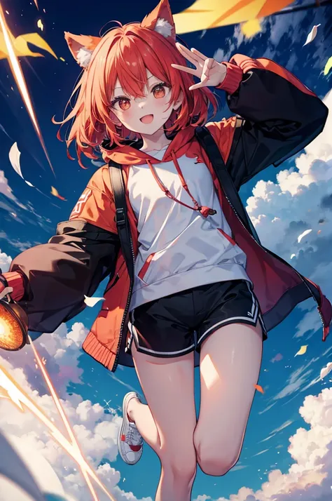 Full body portrait，front，male　Red Hair，髪肩About，Orange Eyes，Dog ears，，About，White hoodie outfit，Mouth open，smile，Moe sleeves，Pause，Black shorts