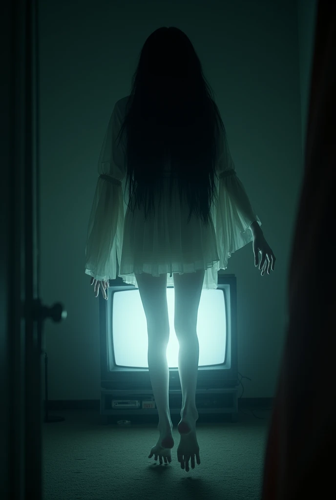 Sadako from the Ring movie is sexy on TV showing her feet 