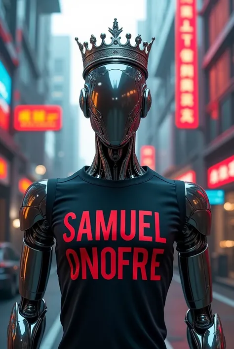 A robot wearing a black shirt with "Samuel Onofre" written in red. This skeleton has a crown and behind it is a very technological street. 