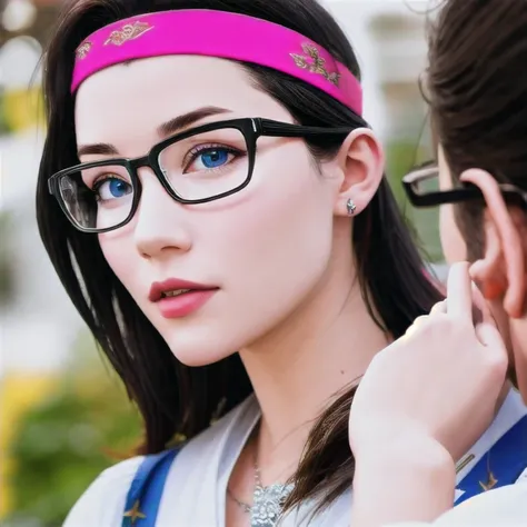 kizi, blue sky and white clouds, wearing silver glasses, glad, glad, red cheeks, bblack hair, wearing a pink headband, perfect q...